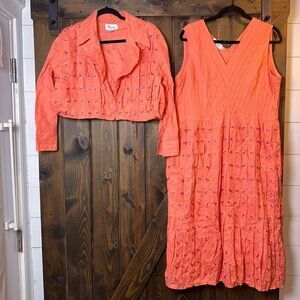 J SONG EMBROIDERED LINEN 2PC PLEATED MIDI DRESS & JACKET